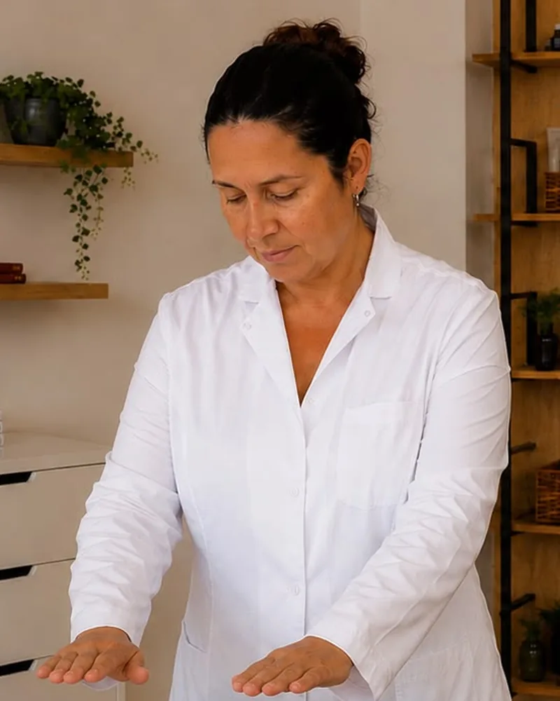 Itzel, con bata blanca, con las manos en posición de Reiki en su consulta